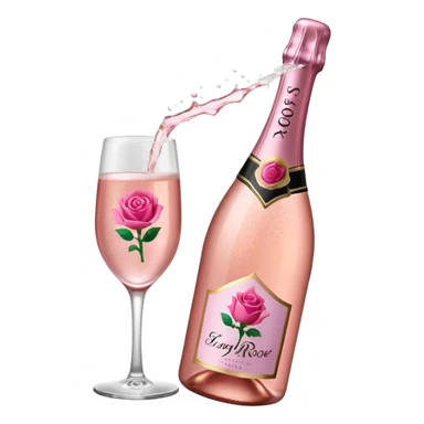 bottle of sparkling rose champagne tilted up and to the right, with a rose logo sticker