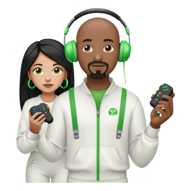 A bald, black man with a goatee wearing a white jump suit, green headphones and holding a ps5 controller. mad, young, Hispanic woman with long black hair sticker
