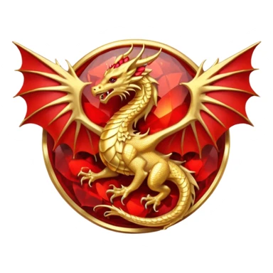 Golden Dragon with golden wings golden crest/brosch in a golden circle with red gems sticker