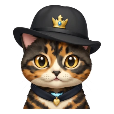 Cute mostly black tortoiseshell kitten wearing a british hat, golden eyes sticker