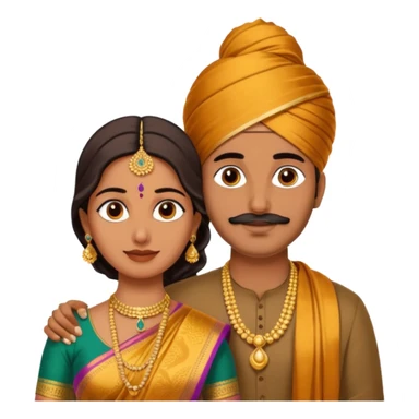 Brown colored South Indian Husband with wheatish colored South Indian wife where Husband does not wear a turban and wife wears a Silk Saree sticker