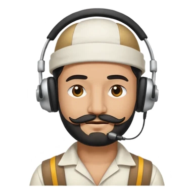 Half body man wearing white topi, lapray, black beard and moustache, headphones, eyes closed, realistic emoji style. sticker