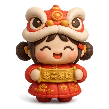 cute chibi girl in red embroidered skirt, gold hair accessories, red envelope hair clip, cartoon lion dance helmet, holding gold '恭喜发财' banner with both hands, smiling, full body, main colors red and gold, strong Chinese New Year vibe, cushion style sticker