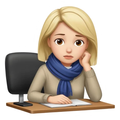 Person sitting at desk, looking tired, winter outside, woman  sticker