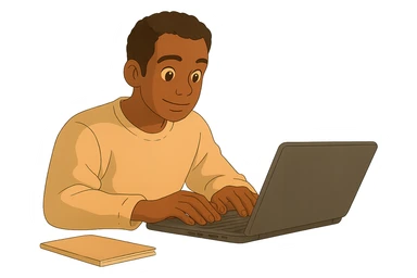 Remove the background, leaving only the main character, his desk, and his computer in Ghibli style with a transparent background. sticker