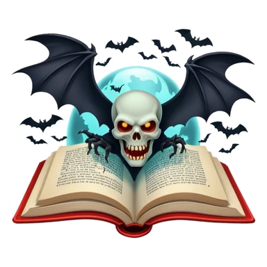 Icon for Horror & Mystery Reading: an open book with eerie glowing symbols, from which rise vampire Dracula with fangs, flying bats, a zombie hands, skulls. Surrounding elements. Transparent background. sticker