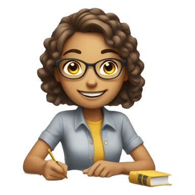 White Smart girl doing Homework on a desk with happy face sticker