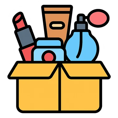 an opened box with various beauty items spilling out, including makeup, skincare, and perfume sticker