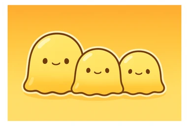 three cute yellow jelly-like creatures, minimalist style, with only black dot eyes, gently swaying and rocking, animation emoji style, yellow and orange gradient background, loop animation sticker