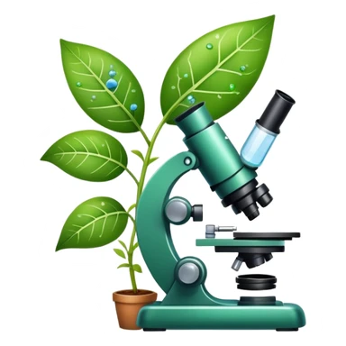 An icon featuring a microscope, a DNA strand, and a plant, symbolizing biology. The design includes animal cells, a leaf, and scientific formulas, representing the study of living organisms and ecosystems. Transparent background highlights biological research and discovery. sticker