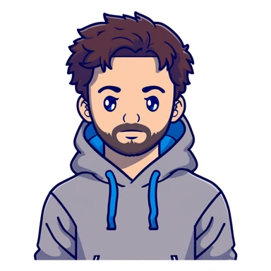Full body Adult male with blue eyes and dark redish messy hair and trimmed facial hair wearing a gray puma brand hoodie  sticker