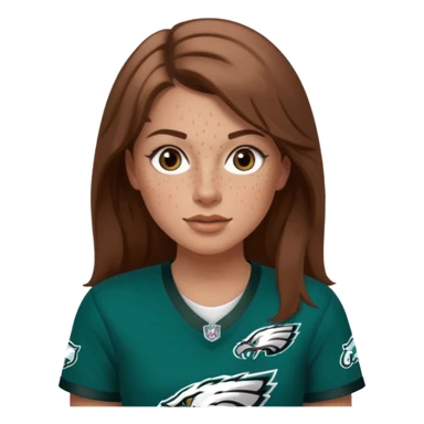 White girl with long  milk chocolate brown hair and freckles wearring a Philadelphia eagles jersey sticker