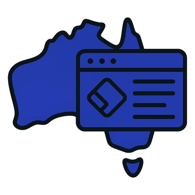 Update the map of Australia with digital web page overlay icon to use #403DAD as the main and dominant color throughout, keeping the modern and techy look, no text sticker