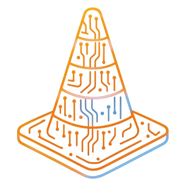 Recreate the VLC cone icon in a flat cyberpunk style with glowing neon orange and white colors, accented by blue and pink neon highlights. Incorporate intricate circuit patterns throughout the cone. The design should be clean, futuristic, and consistent with the other cyberpunk icons in the set. Avoid any 3D shading and keep the style flat and glowing with a transparent background. sticker