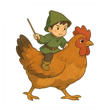 ghibli style chicken jockey small character riding a chicken sticker
