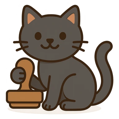 Add color to the black cat, keeping the style clear and playful, with a dark gray or black cat and natural stamp colors, no background. Maintain the original style's clarity and playfulness. sticker