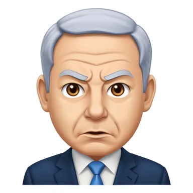 Create a highly recognizable emoji-style illustration of Benjamin Netanyahu, with angry facial features, exaggerated expressions, and a cartoonish look, focusing on clear and iconic shapes, flat colors, and a clean vector style sticker
