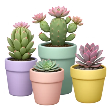 A pastel pink ceramic pot with a sedum succulent, a pastel green ceramic pot with a graptopetalum succulent, a pastel yellow ceramic pot with an echeveria succulent, and a pastel purple ceramic pot with a flowering cactus. All are cylindrical and placed separately on the floor. sticker