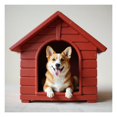 realistic red dog house with a Corgi dog inside, Corgi with tongue out, photorealistic style sticker
