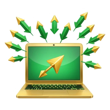 3D laptop icon with gold coins flying out of screen, green color (#0B3D2C), gold accents (#C9B037), upward arrows, glossy modern style, transparent background sticker