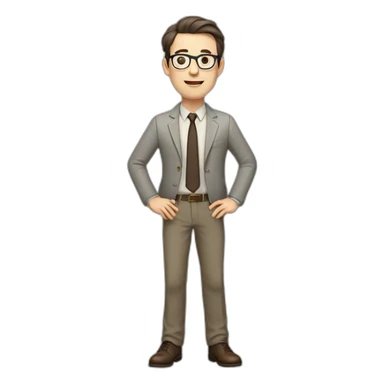 Full height Actively Gesturing Pale skinned fit man with dark brown hair in gray jacket, beige office shirt, brown tie, brown pants and vintage glasses. sticker