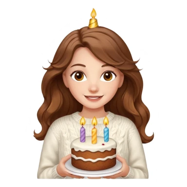 A pretty white girl with hazel brown eyes and long brown wavy hair in a cosy white knit sweater, she is celebrating her birthday sticker
