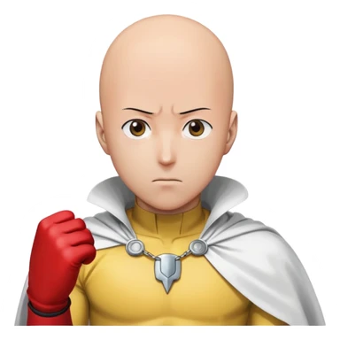 Saitama from One Punch Man, bald head, blank expression, yellow hero suit with white cape, red gloves sticker