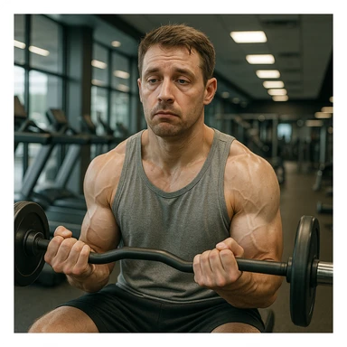 hyper realistic man doing high repetitions in gym, looking bored and unmotivated, anatomical details, atmosphere of wasting time, modern gym background sticker