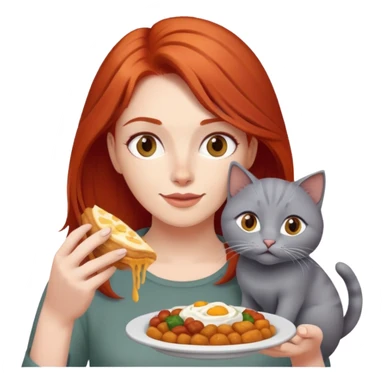 Red haired Woman sharing food with 1 grey cat sticker