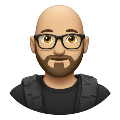 Video producer, bald, bearded, wears glasses sticker