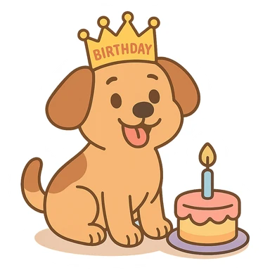 puppy with a birthday crown sitting beside a mini cake, pastel-toon style sticker