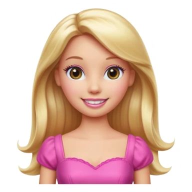 A Barbie-inspired Apple emoji character, big shiny emoji eyes, long blonde hair, wearing a pink dress, smiling, 3D Apple emoji style, clean white background, soft shading. sticker