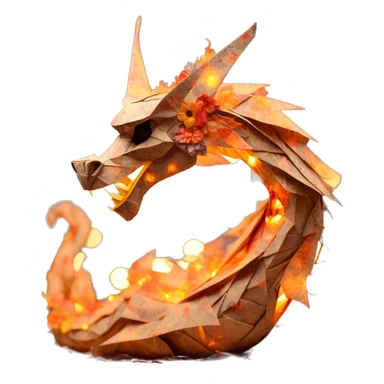 Charred flaming fiery Beige Origami dragon made of newspapers on fire letters on fire burnt paper surrounded by fairy lights swirls covered in dried flowers bokeh floral flowers fire flames sticker