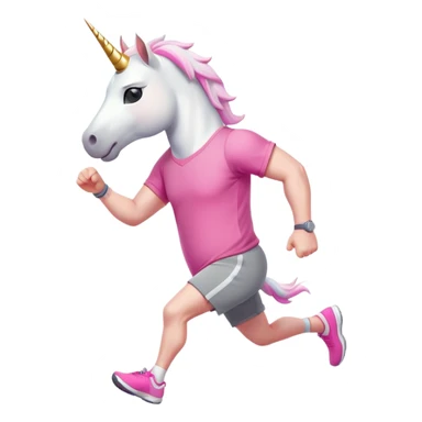 friendly anthropomorphised male white unicorn with a stocky, strong build, white arms and legs, wearing grey shorts and pink t-shirt, dark sunglasses, jogging upright in a relaxed pose sticker