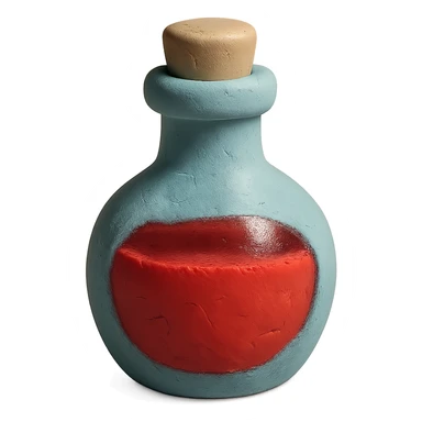 claymation style health potion with pastel colors, visible fingerprints, and red liquid sticker