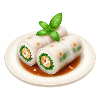 Bánh Cuốn Cinematic Realistic Bánh Cuốn Dish Emoji, depicted as delicate steamed rice rolls garnished with chopped mint on top, rendered with lifelike textures and fresh, vibrant lighting. sticker