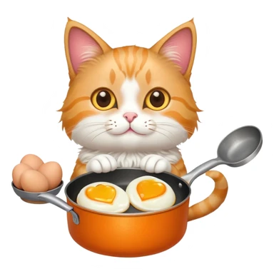 a cat holding a cooking pan with double heart-shaped eggs sticker