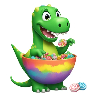 green dinasour eating candy from a bowl sticker