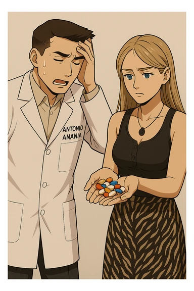 fai un webtoon/manga a colori con questo kinesiologo in camice bianco (fagli la scritta "ANTONIO ANANIA" SUL CAMICE) CHE PARLA CON QUESTA RAGAZZA CON GLI OCCHI AZZURRI. LA RAGAZZA HA UN PUGNO DI INTEGRATORI IN MANO (TANTE PILLOLE DIVERSE) E LE GUARDA DUBBIOSA. IL KINESIOLOGO CON IL CAMICE BIANCO SI TIENE UNA MANO SULLA FRONTE SCONFORTATO MENTRE LE DICE CHE STA SBAGLIANDO A PRENDERE TUTTI QUEGLI INTEGRATORI. NON FARE I FUMETTI, FAI SOLO LORO COME SE DIALOGASSERO sticker