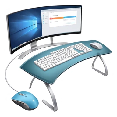 Create an emoji for UX/UI design. Show two large curved monitors displaying UX/UI design interfaces. Include a mouse, keyboard, and stylus next to the screens. Use modern, professional colors. Do not include any emojis or smiley faces. Make the background transparent. sticker