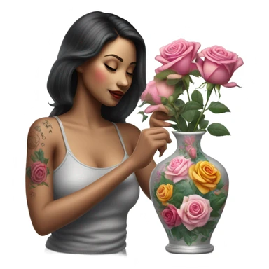 Hyper Realistic beautiful woman model with a small rose tattoo arranging flowers in a vase sticker