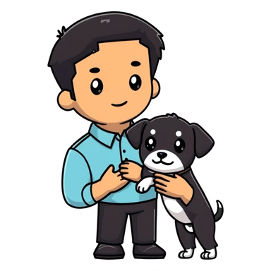 Mexican man with black hair and brown eyes wearing a shirt and black pants, holding a small white dog with one brown ear sticker