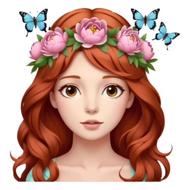 Woman with long flowing auburn hair wearing a pastel flower crown with big peonies and roses and butterflies in it sticker