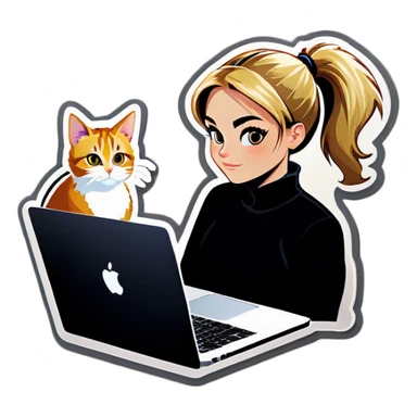 Blonde girl ponytail macBook and a cat sticker