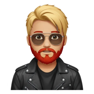 generate an ios genmoji of a 20 year old tan boy with black sunglasse Wearing a leather jacket. Has a dyed blonde beard and veryyyyy long red sticker