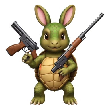 Turtle with a rabbit on its back that has a gun sticker