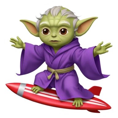 yoda in a purple robe flying in a rocket like surfing sticker