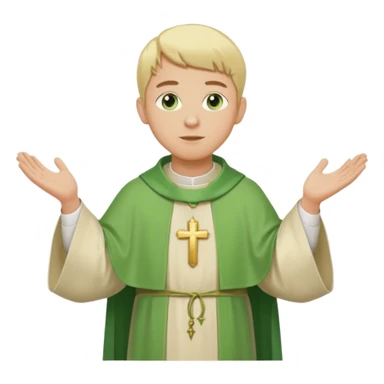 a priest, green eyes, blonde hair, light green chasuble. opening arms, gazing thoughtfully. Soft light, subtle fern. Waist-up, profile. sticker