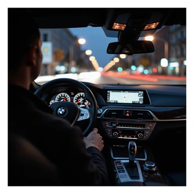 BMW Series 7 2024, night cockpit perspective, one hand on wheel, Bucharest cityscape with motion blur, photorealistic, highly realistic lighting sticker
