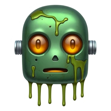 make a tired old melting robot emoji, covered in green sludge, 2d sticker